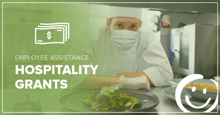 image of a cook leaning over a counter next to a plate full of food; text overlay on image that reads Employee Assistance Hospitality Grants