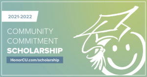 image of a white smiley face wearing a graduation cap with text on image promoting the 2021 community commitment scholarship application | Honor Credit Union