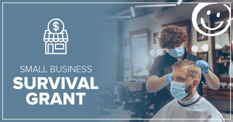 image of a person cutting a man's hair in a barbershop with text on a blue background that reads small business survival grant
