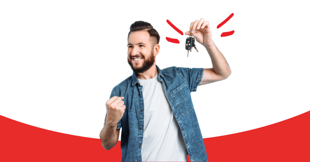 man holding car keys in one hand and a his other hand in a fist with excitement about his asset protection GAP insurance