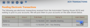 screenshot image of honor credit union online banking showing how to request an instant deposit of an ach transaction | Honor Credit Union