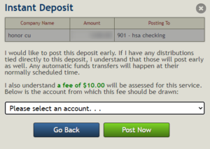 screenshot image of honor credit union online banking showing how to request an instant deposit of an ach transaction