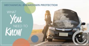 image of a woman talking on a mobile phone while leaning up against a car that has its hood up and the engine smoking; text on the image that reads what you need to know about mechanical breakdown protection | Honor Credit Union