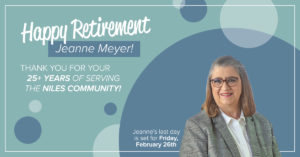 image of retiring niles member center manager jeanne meyer on a blue background with text on background that reads happy retirement | Honor Credit Union