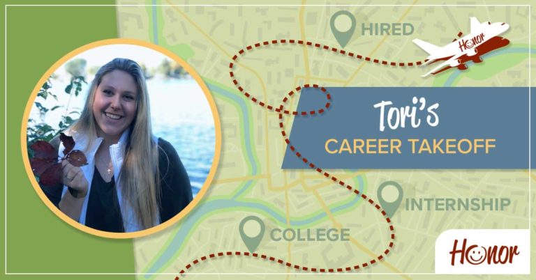 photo of honor credit union's tori lauren on a green background with text that explains a blog post about tori's career path at honor