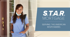 photo of an african american female nurse standing in front of a house with text on the image promoting honor credit union's new S.T.A.R. Mortgage | Honor Credit Union