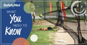 photo of a softball landing in a net with a blue background section on the image with white text that reads what you need to know about safety net | Honor Credit Union