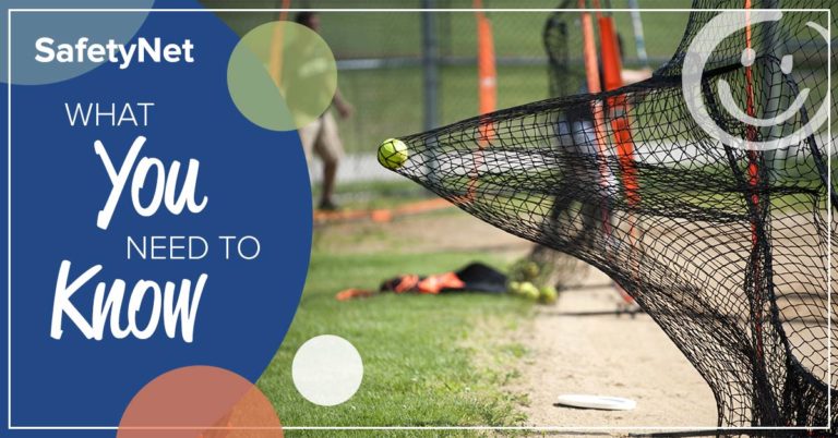 photo of a softball landing in a net with a blue background section on the image with white text that reads what you need to know about safety net