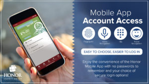 image of a hand holding a mobile phone that is displaying the honor credit union mobile app | Honor Credit Union