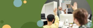 photo of a woman waving at other people on a green background with teal and yellow circles | Honor Credit Union