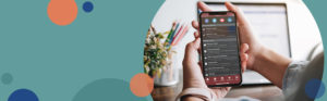 photo of hands holding a mobile phone with the screen showing the honor credit union mobile app; photo is on a teal background with orange and blue circles | Honor Credit Union