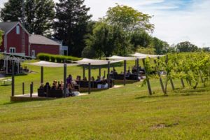 photo of people sitting at tables in cabanas at Round Barn Estate | Honor Credit Union
