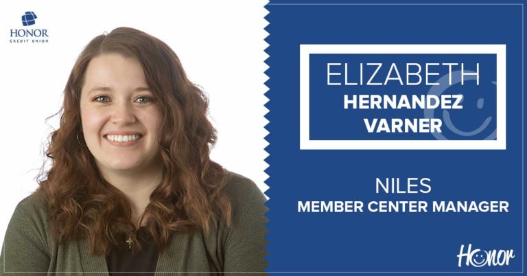 image featuring a photo of niles member center manager elizabeth hernandez varner with text on a blue background introducing her as the new manager