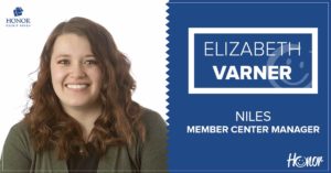 image featuring a photo of niles member center manager elizabeth varner with text on a blue background introducing her as the new manager | Honor Credit Union