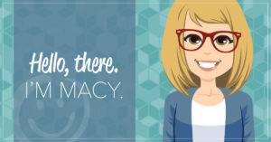 image of a bitmoji human character with blonde hair wearing red glasses on a teal background with text that reads hello I'm Macy, and promoting honor credit union's new AI chatbot | Honor Credit Union
