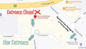 map showing the temporary entrance for the honor credit union kalamazoo connect center | Honor Credit Union