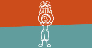 image of a stick figure woman holding a box over her head on an orange and teal background | Honor Credit Union