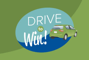 image featuring a green bitmoji car on a blue and teal circle background with white text that reads drive to win | Honor Credit Union