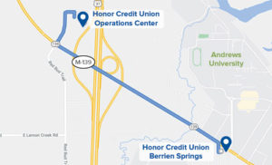 image of a map showing how to get to honor's operations center to use the temporary berrien springs member center | Honor Credit Union