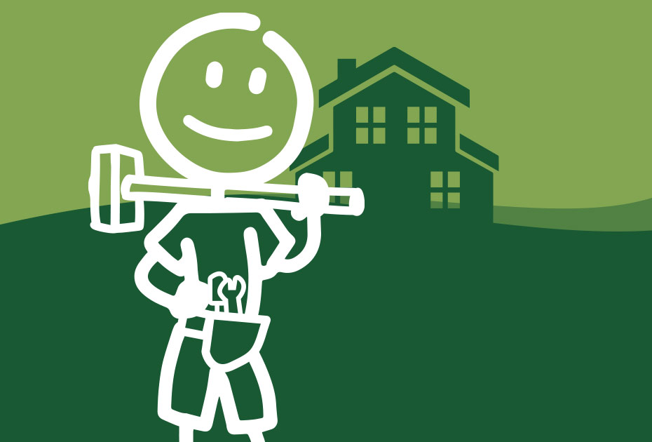 image of stick figure holding a sledgehammer wearing toolbelt in front of home