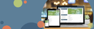 image with a blue background and green and orange circles on the left half of the image with a photo showing Honor Credit Union's online banking displaying on several devices on the right half of the image | Honor Credit Union