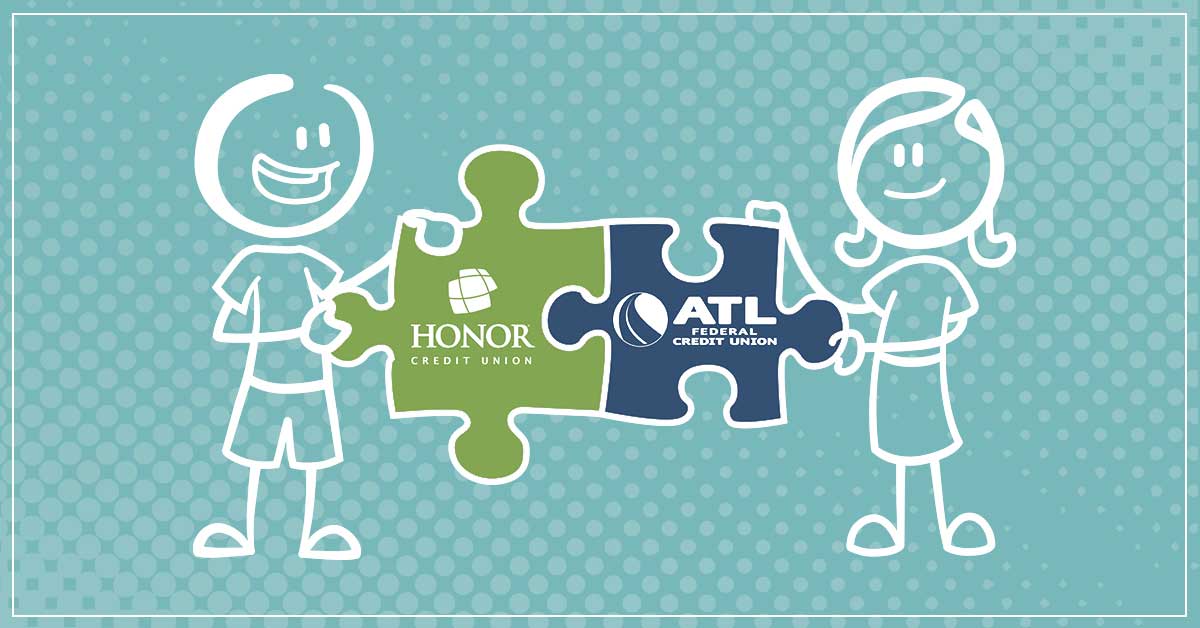image featuring two stick figure people holding puzzle pieces that feature the honor credit union logo and ATL federal credit union logo