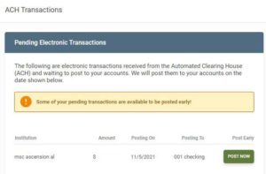 a screenshot of online banking on a desktop computer view showing how to access funds early from a pending ACH deposit