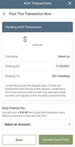 screenshot explaining the fee involved with posting an ach transaction immediately and asking which account to pull the fee from