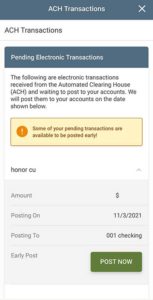 screenshot showing the ach transactions available to be posted immediately