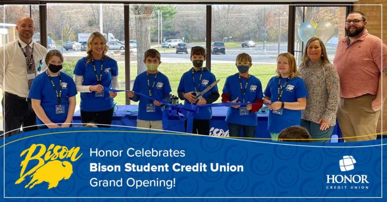 photo of new buffalo elementary school students at the student credit union grand opening ceremony