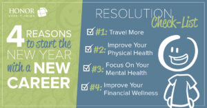 image with green and blue background with white text promoting a blog post about 4 reasons to start the new year with a new career | Honor Credit Union