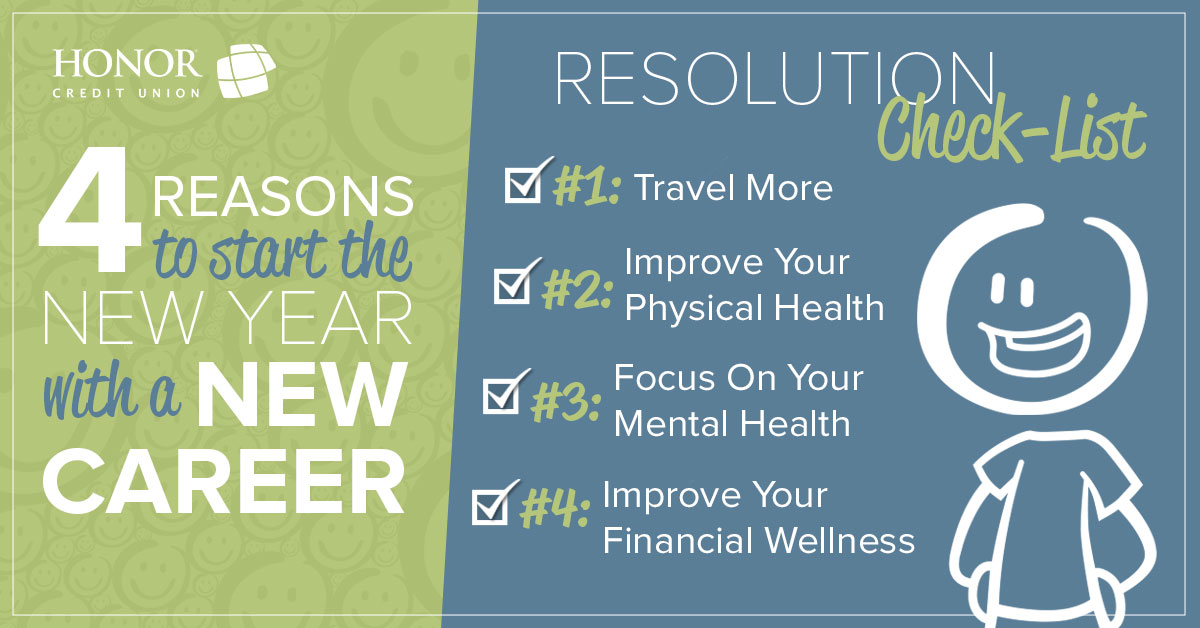 image with green and blue background with white text promoting a blog post about 4 reasons to start the new year with a new career