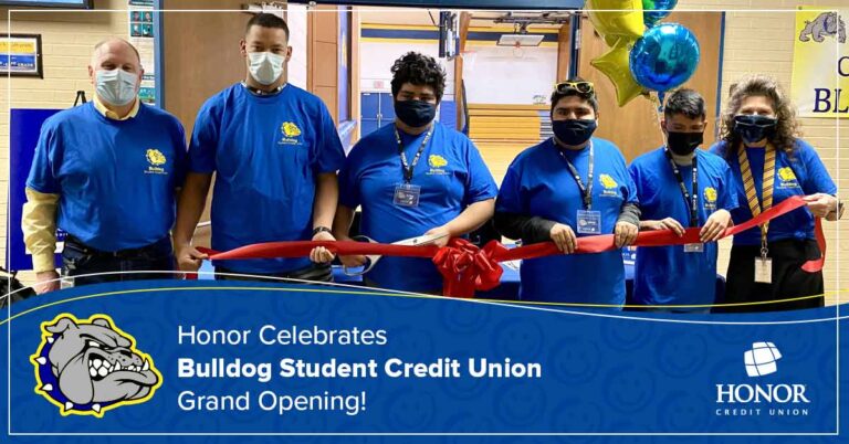 image featuring students and faculty from covert public schools at the student credit union grand opening