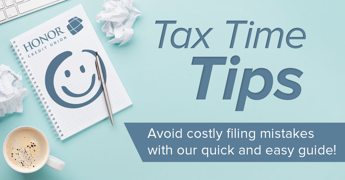 image with a notepad, pen and text promoting tax time tips from honor credit union
