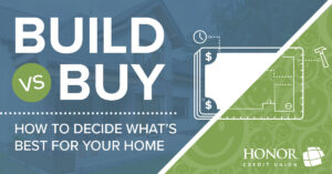image featuring a green and blue background with white text promoting a blog post about building or buying a home