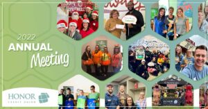 image with a blue and green background featuring a photo collage of honor team members | Honor Credit Union