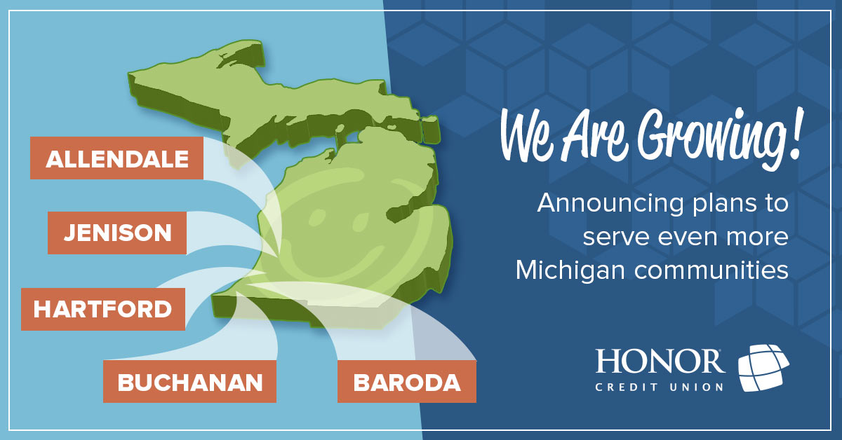 image featuring the state of michigan with location designations showing where honor credit union will be opening new member centers in buchanan, baroda, hartford, jenison and allendale