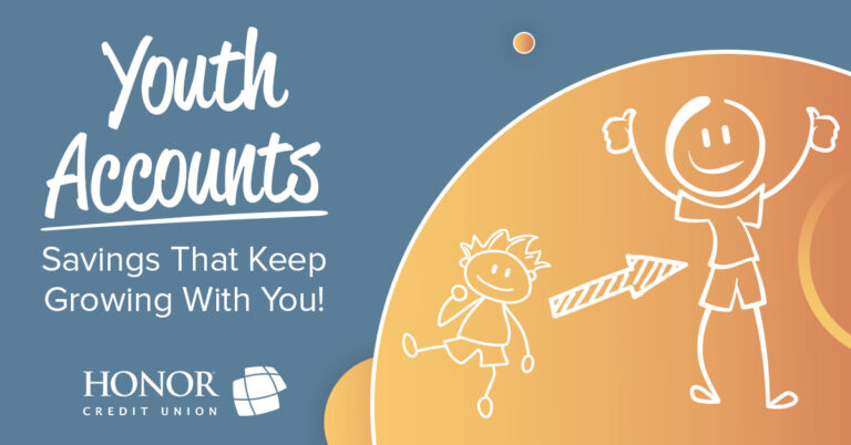 image featuring blue and orange background with white children stick figures and white text that reads youth accounts, savings that keep growing with you