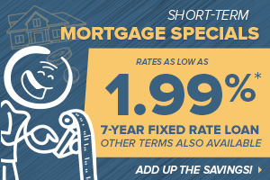 image featuring a stick figure using a calculator with yellow text on a blue background promoting short-term mortgage specials
