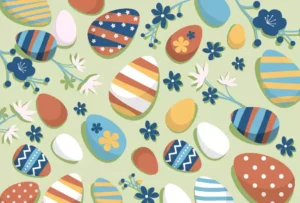 easter eggs with multiple designs and colors on a light green background | Honor Credit Union