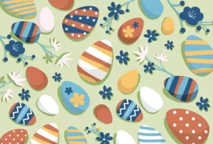 easter eggs with multiple designs and colors on a light green background | Honor Credit Union