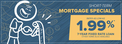 image featuring a stick figure using a calculator and yellow text on a blue background promoting a short-term mortgage special