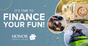 photo collage featuring a jet ski, atv, and motorhome | Honor Credit Union