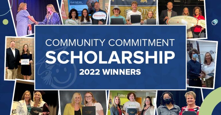 image featuring a collage of photos of 2022 honor scholarship winners with white text on blue background that reads community commitment scholarship 2022 winners