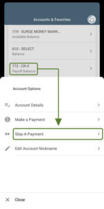 screenshot of the honor mobile app showing how to skip a loan payment