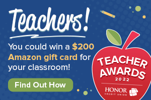 image featuring a blue background with text promoting the 2022 honor credit union teacher awards