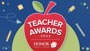 image with blue and green background with a red apple and white text announcing the 2022 honor credit union teacher awards | Honor Credit Union