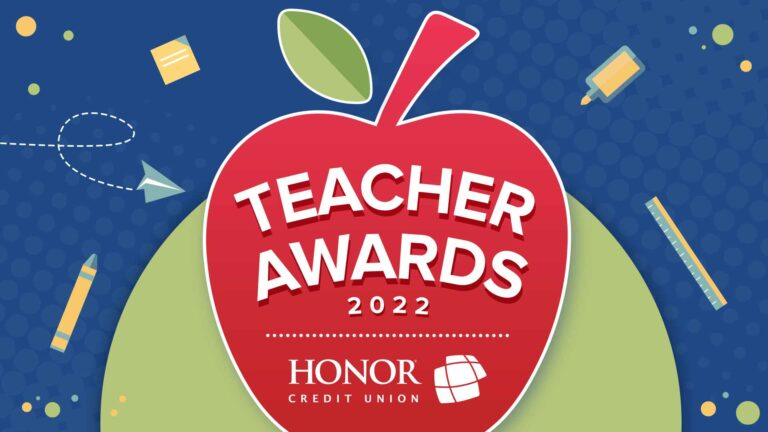 image with blue and green background with a red apple and white text announcing the 2022 honor credit union teacher awards