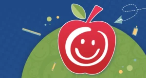 blue and green background with a red apple featuring a smiley face overlaying | Honor Credit Union