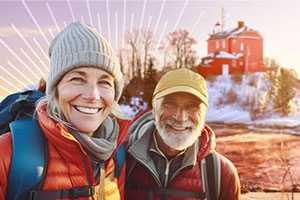 man and woman standing in front of a michigan lighthouse